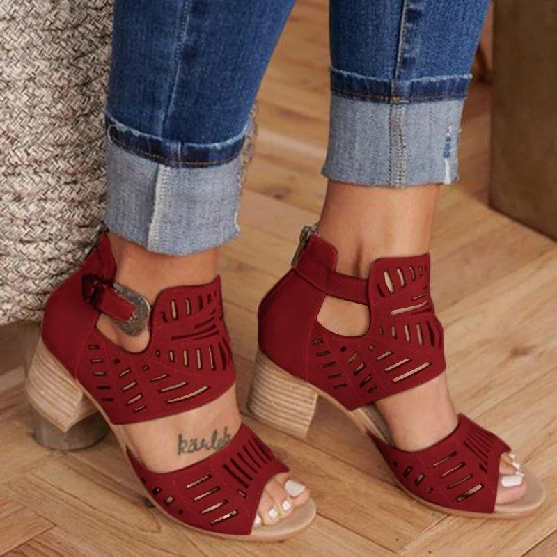 Women's square heels peep toe sandals hollow cutout sandals