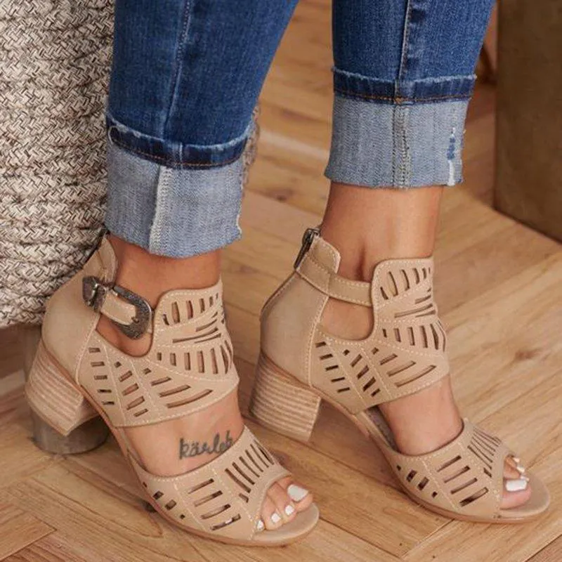 Women's square heels peep toe sandals hollow cutout sandals