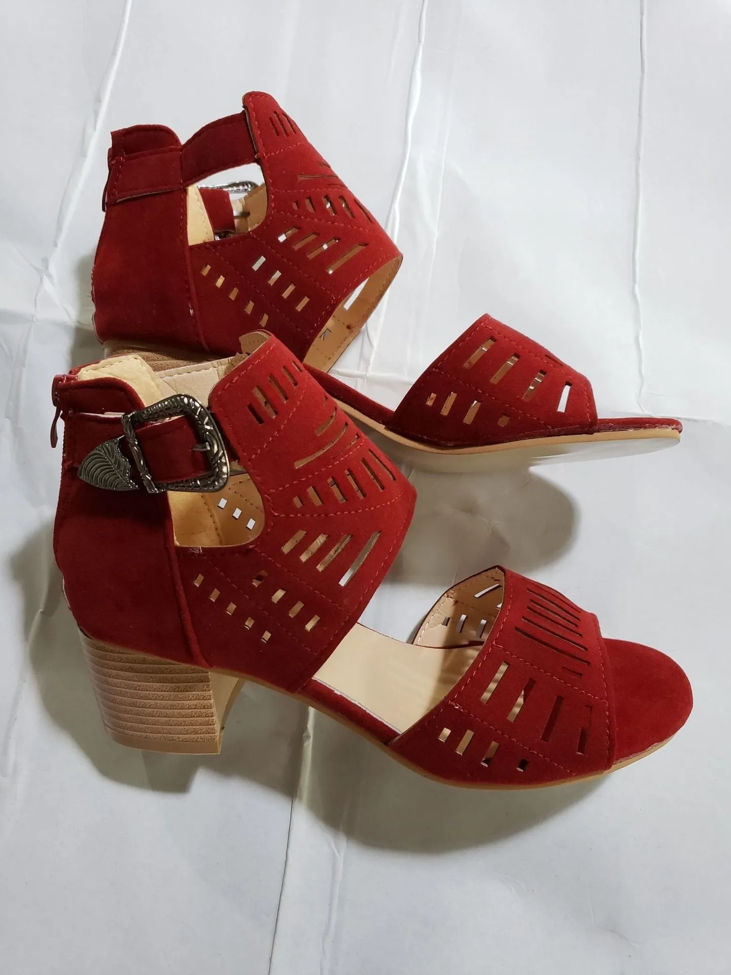 Women's square heels peep toe sandals hollow cutout sandals