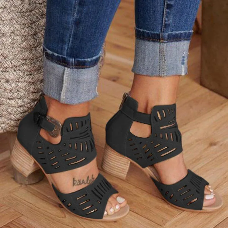 Women's square heels peep toe sandals hollow cutout sandals