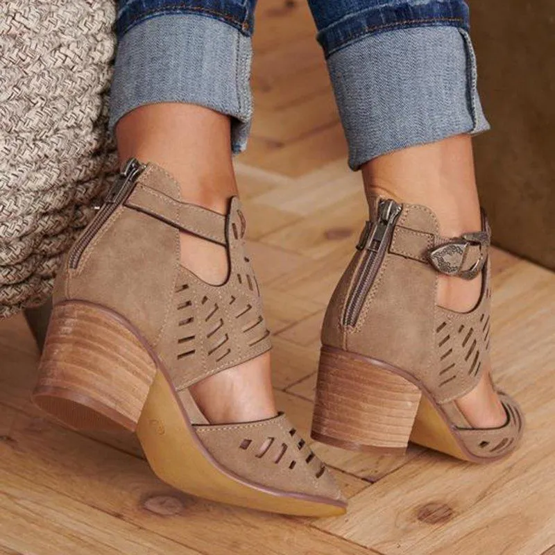 Women's square heels peep toe sandals hollow cutout sandals