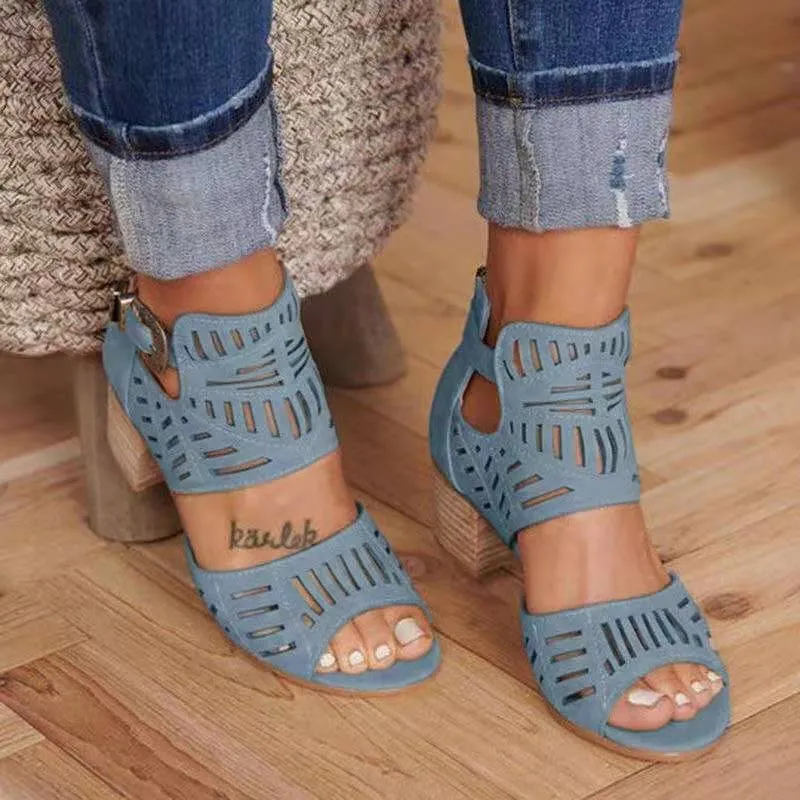 Women's square heels peep toe sandals hollow cutout sandals