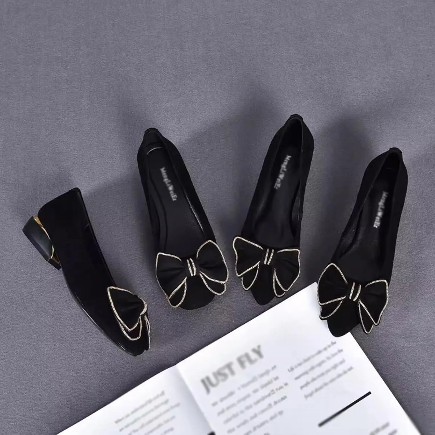 Women's Suede Bowknot Low Heeled Pumps Shoes,Fashion Pointed Toe Block Heeled Slip On Comfort Dressy Loafer Shoes
