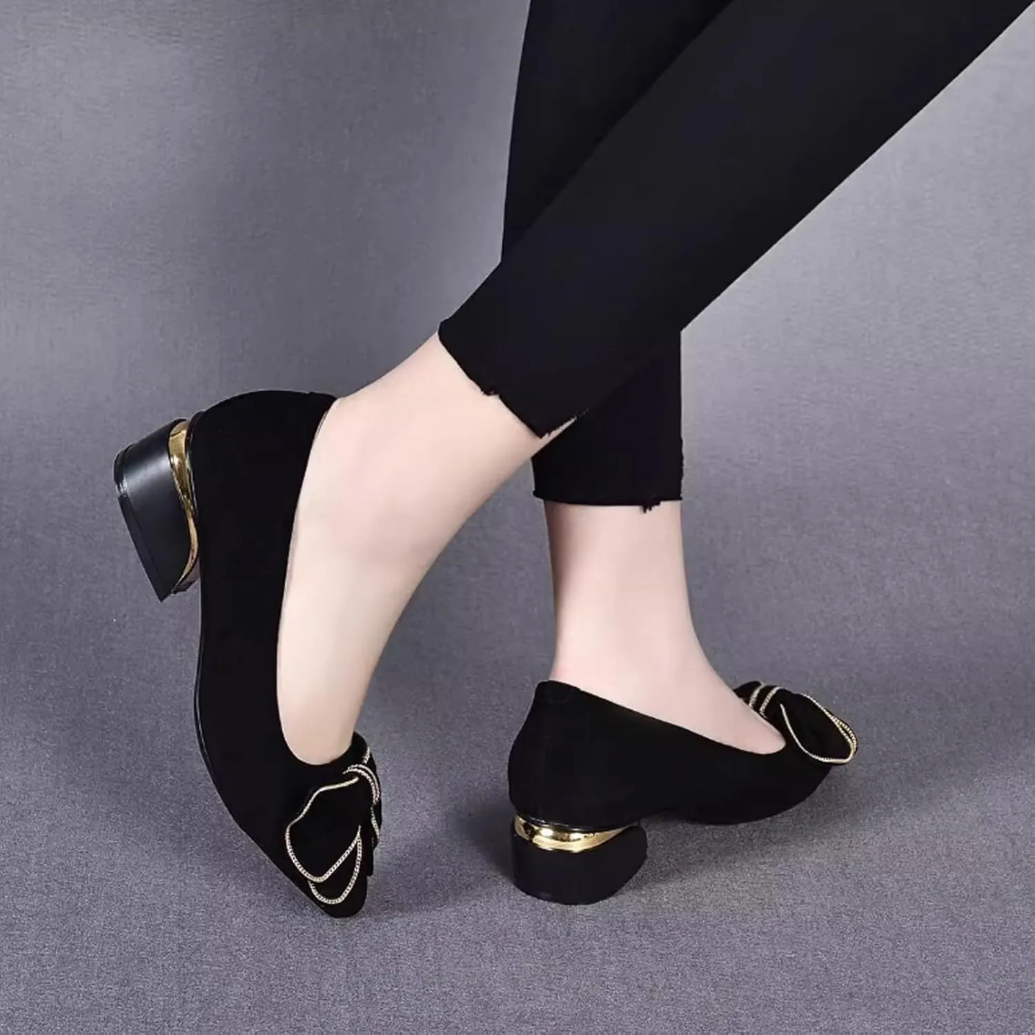 Women's Suede Bowknot Low Heeled Pumps Shoes,Fashion Pointed Toe Block Heeled Slip On Comfort Dressy Loafer Shoes