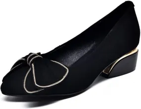 Women's Suede Bowknot Low Heeled Pumps Shoes,Fashion Pointed Toe Block Heeled Slip On Comfort Dressy Loafer Shoes