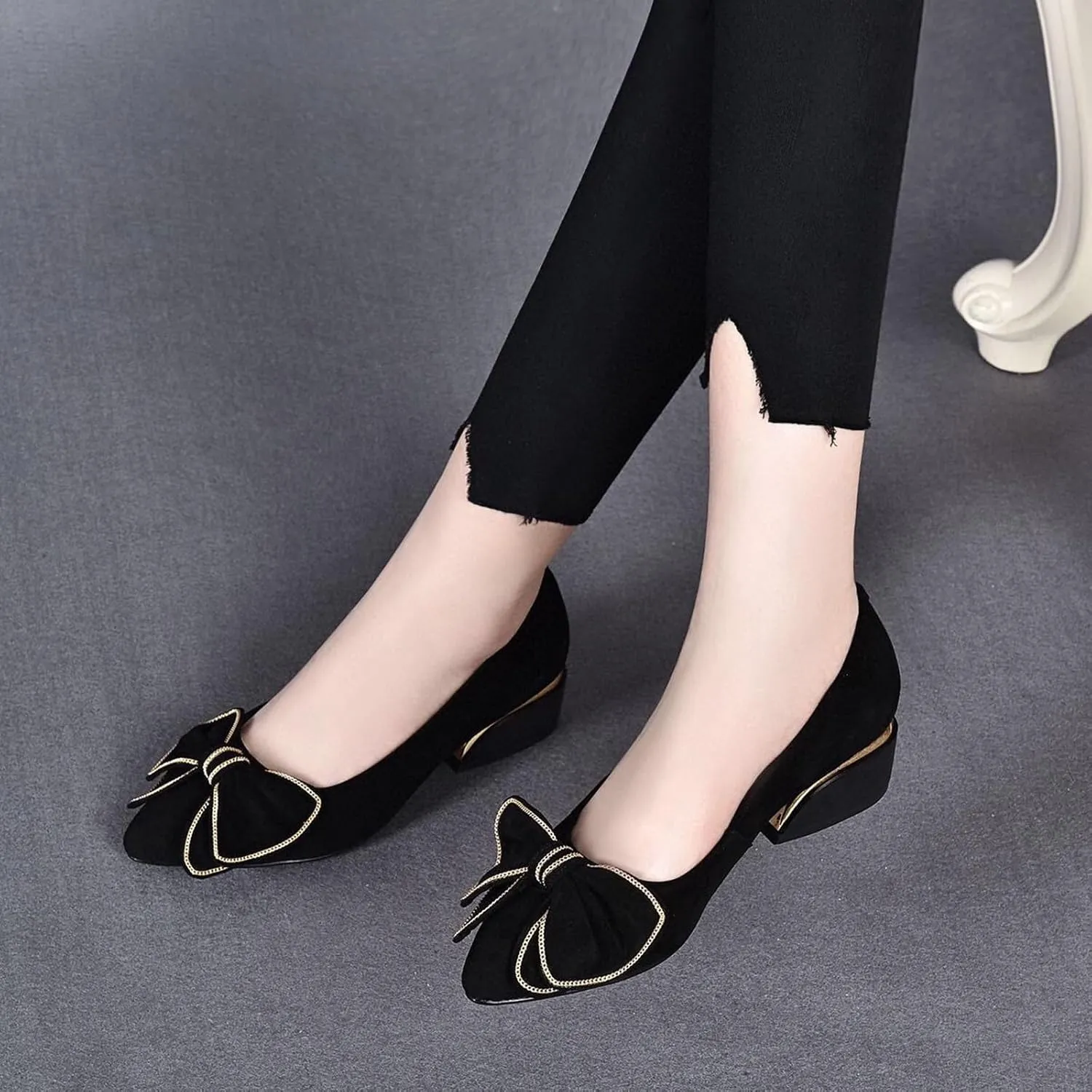 Women's Suede Bowknot Low Heeled Pumps Shoes,Fashion Pointed Toe Block Heeled Slip On Comfort Dressy Loafer Shoes