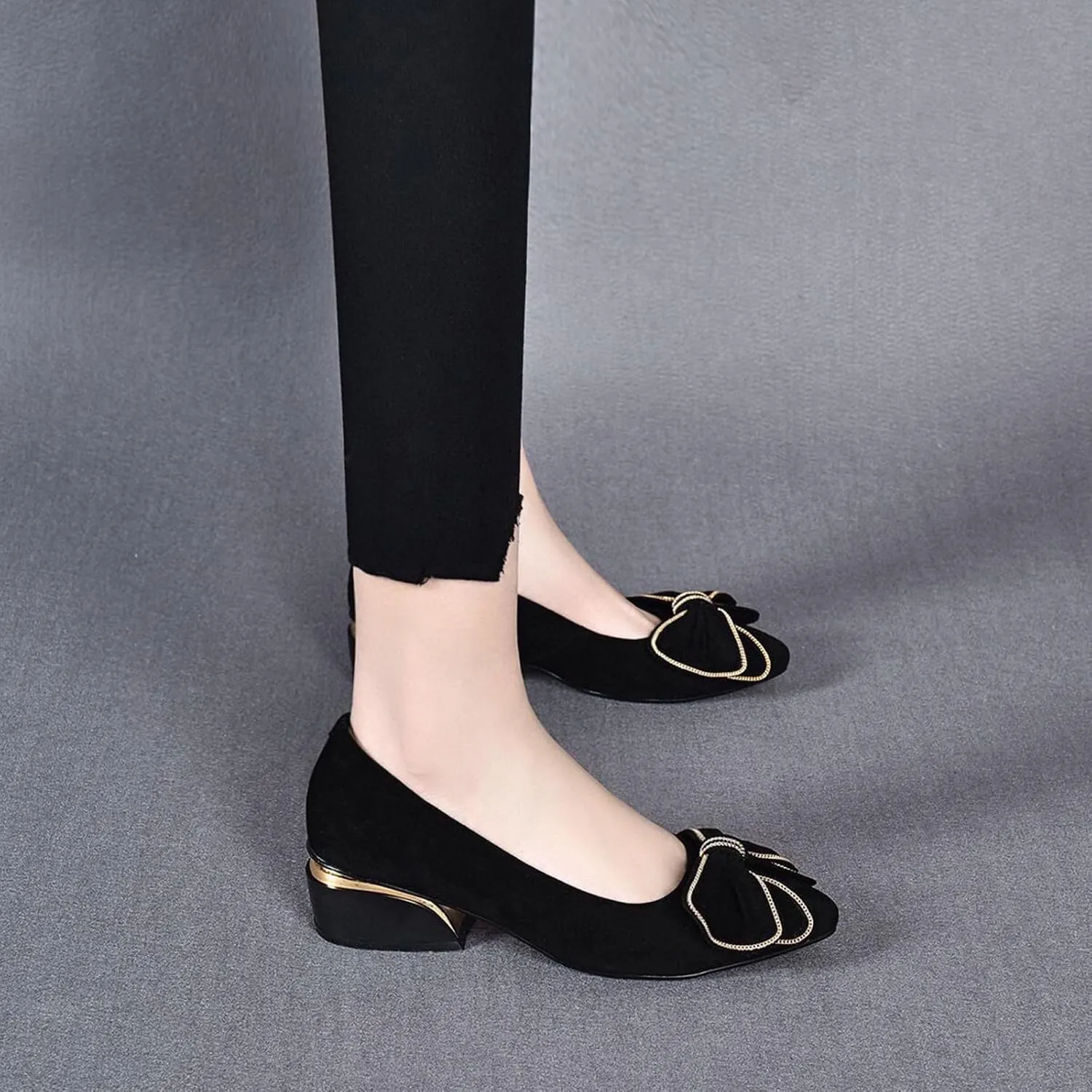 Women's Suede Bowknot Low Heeled Pumps Shoes,Fashion Pointed Toe Block Heeled Slip On Comfort Dressy Loafer Shoes