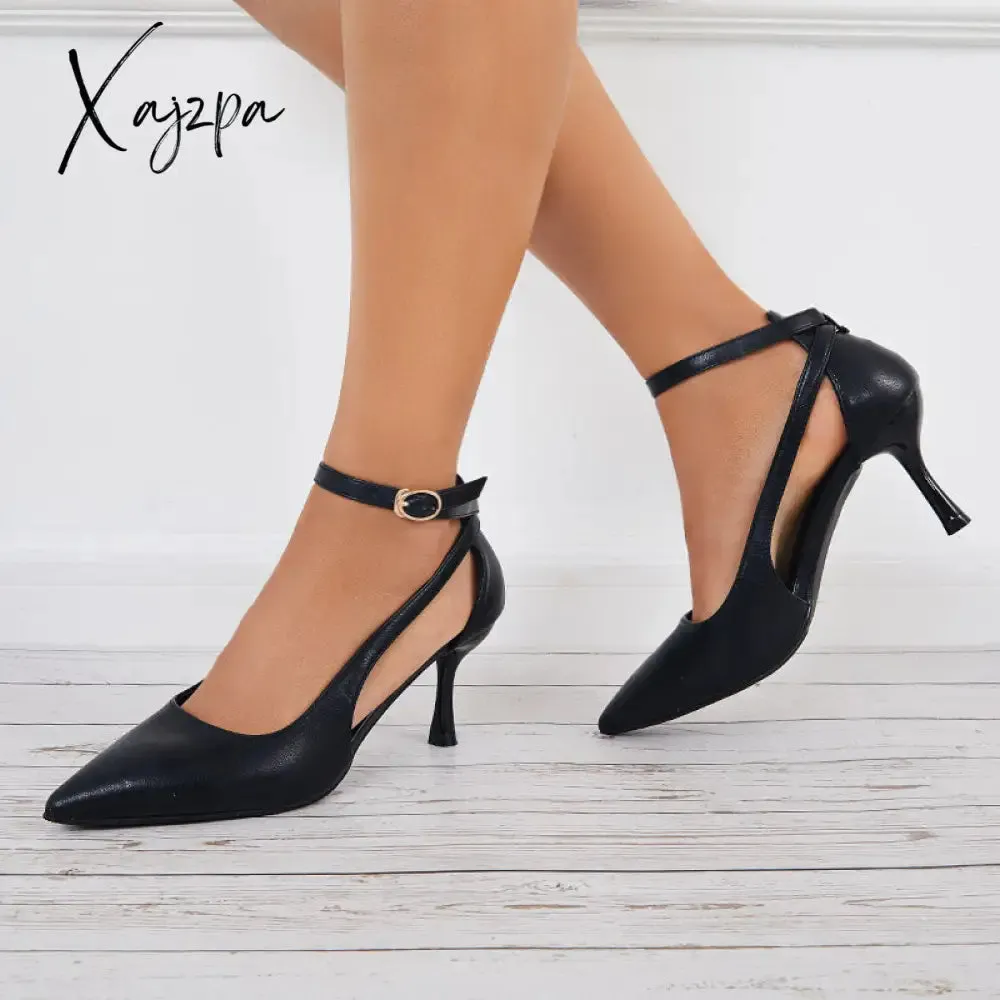 Xajzpa - Cutout High Heels Strappy Stilettos Pointed Toe Ankle Strap Pumps