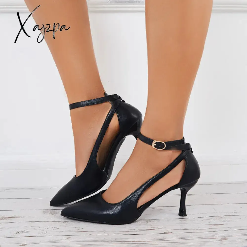 Xajzpa - Cutout High Heels Strappy Stilettos Pointed Toe Ankle Strap Pumps