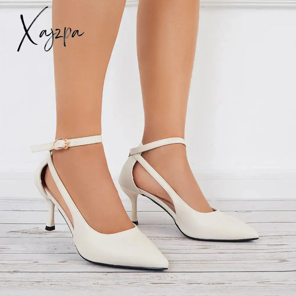 Xajzpa - Cutout High Heels Strappy Stilettos Pointed Toe Ankle Strap Pumps