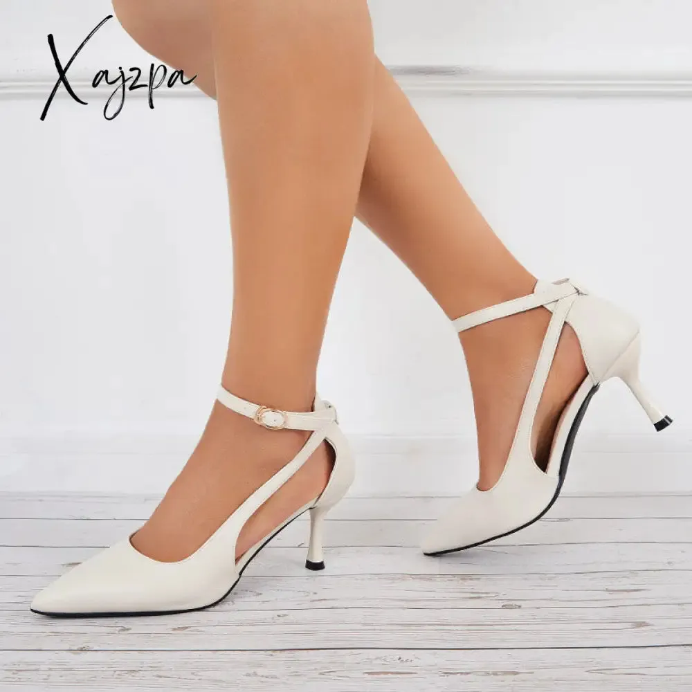 Xajzpa - Cutout High Heels Strappy Stilettos Pointed Toe Ankle Strap Pumps