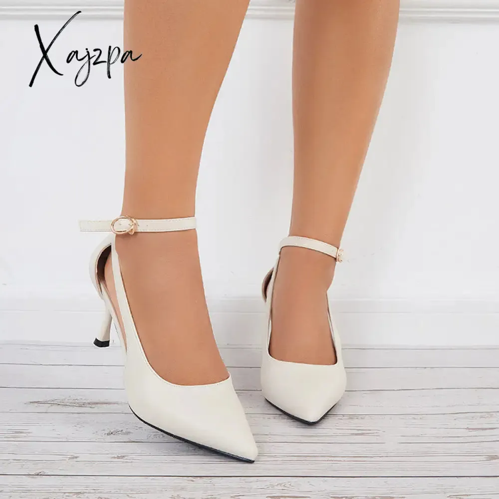 Xajzpa - Cutout High Heels Strappy Stilettos Pointed Toe Ankle Strap Pumps